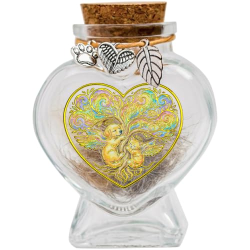 Pet Memorial Gifts for Dogs or Cats, Pet Fur Keepsake, Glass Jar for Hair | Heart-shaped glass urn with cork stopper, metal charm & name tag, for pet fur/hair/whiskers/ashes, rainbow bridge memorial - color: Tree of Life