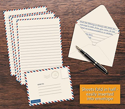 Better Office Products Vintage Airmail Mini Stationery Set, 100 Piece Set (50 Lined Sheets + 50 Matching Envelopes), 5.5 x 8.25 inch, Design, Double Sided Printing, Double Side Lined Paper,