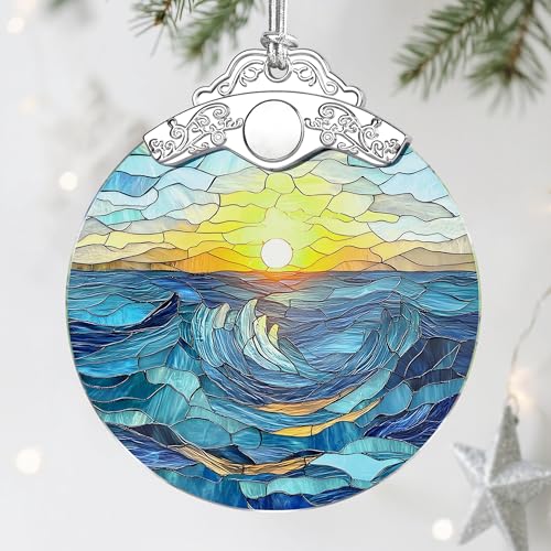 Stained Glass Ornament, Christmas Ornaments, Christmas Decorations for Tree, Holiday Decor, Holiday Party Gifts, Sunrise Lover Gifts, Gift Ideas & Xmas Gift - Sunrise On The Beach - color: Sunrise