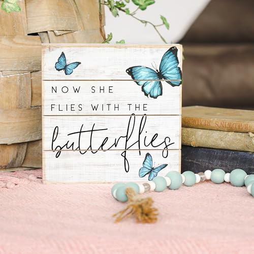 Simply Said, INC Perfect Pallets Petites Bereavement Decor, She Flies With Butterflies, 6 x 6 inch Wood Sign, Made in USA PET1905 - color: Butterflies - 6 inch