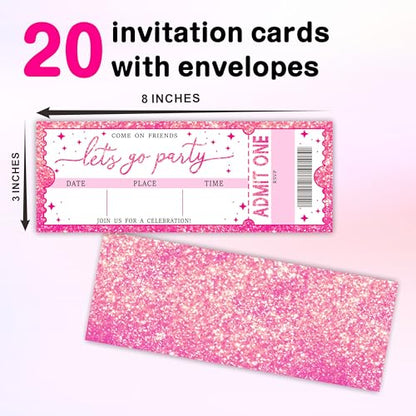 Pink Glitter Birthday Invitations Set of 20 - "Let's Go Party" VIP Ticket Design with Envelopes, 3×8 Inch Cards for Girls -Birthday Party Favor & Supplies (3 X 8 In) -A12 - color: Pink Glitter