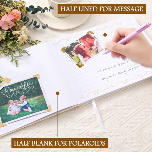 8x10 Inch Wedding Guest Book - 120 Blank & Lined Pages, Gold Foil PU Leather Hardbound Cover, Durable Sewn Binding, White - color: White