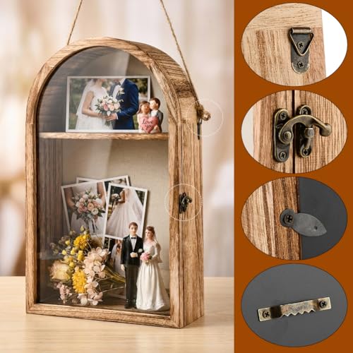Shadow Box Frame, 10x16 Large Shadow Boxes Display Cases with Linen Back and Removable Shelves, Arch Memory Box for Medals, Photos, Memorabilia, Wedding Bouquet, Awards, Keepsakes, Carbonized Brown