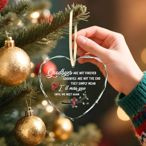 Sympathy Gifts – Heart Glass Ornament for Memorial Gifts, Condolence, Bereavement, In Loving Memory Keepsake with Cardinal Bird Design for Loss of Mother Father Friend or Pet, Goodbyes Are Not Forever - style: Heart-Goodbyes Are