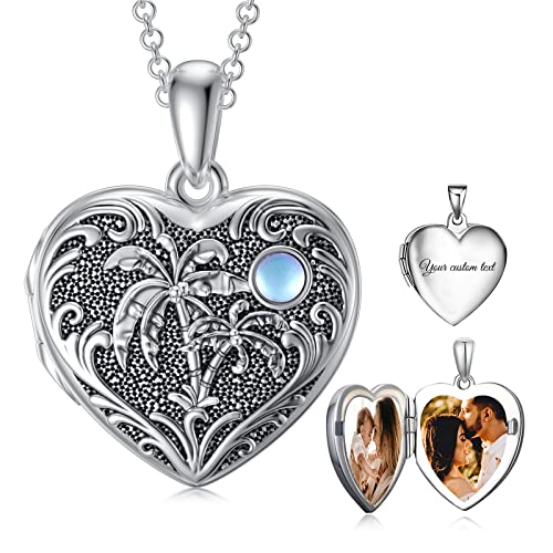 SOULMEET Personalized Tree of Life/Palm Tree Heart Locket Sterling Silver Necklace That Holds 1 or 2 Pictures Memorial Vintage Photo Locket Custom Any Photo Healing Gift - style: C3-Palm tree locket+photo+text