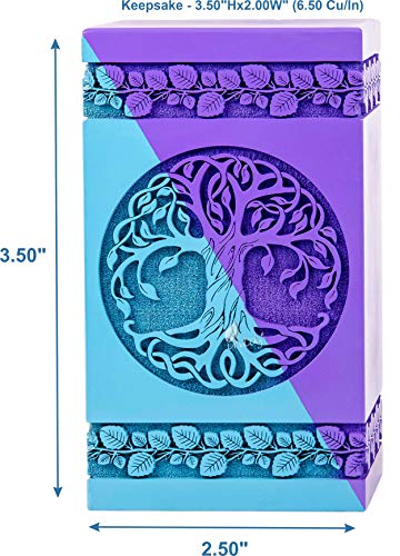 Wooden Urn for Human Ashes, 20 Cu in, Keepsake, Blue & Purple | Hand-carved wood, blue and purple, screw-locked sliding base, engraving available, holds a small share of ashes, to 20 lb - color: Blue & Purple, size: Keepsake - 3.50Hx2.00W (6.50 Cu/In)