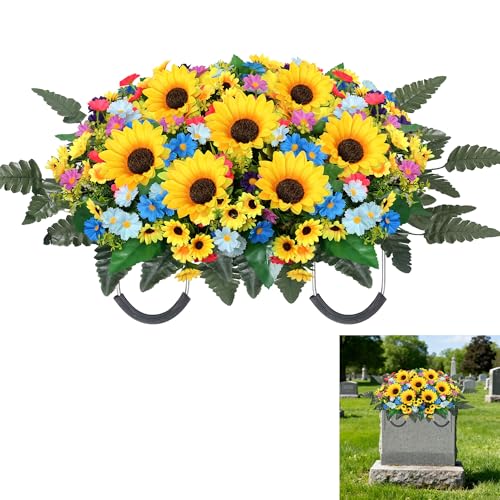 Cemetery Flowers for Grave Large Headstone Flowers Saddles Realistic Artificial Sunflower Wildflowers for Outdoor Grave Decorations (Colorful, Saddle) - color: Colorful