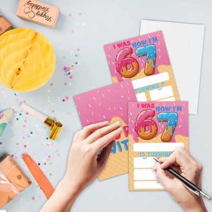 Donut 7th Birthday Invitation Cards with Envelopes, 20 Pack 4x6 Fill-In Party Invites for Girls Boys, Ice Cream Theme Kids Birthday Party Supplies - B07 - color: 6 7 Donut