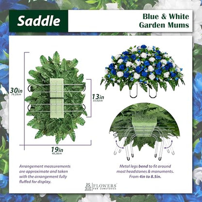 Sympathy Silks Artificial Cemetery Flowers - Gravesite Memorial Arrangment - Blue & White Garden Mums - (1) Headstone Saddle - color: Blue & White, size: (1) Saddle
