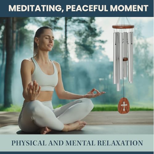 Woodstock Chimes Cross Wind Chime for Outside, Garden, Patio, Porch and Outdoor Decor (25'') Silver Amazing Grace Medium (AGMCR)