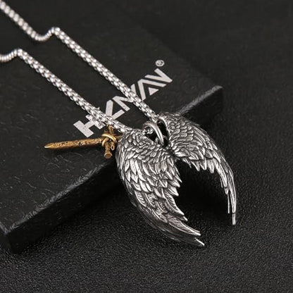 HZMAN Angel Wing Necklace for Men Women Stainless Steel Gothic Punk Angel Wing Cross/Angel Pendant Faith Amulet Jewelry Gift - color: Cross
