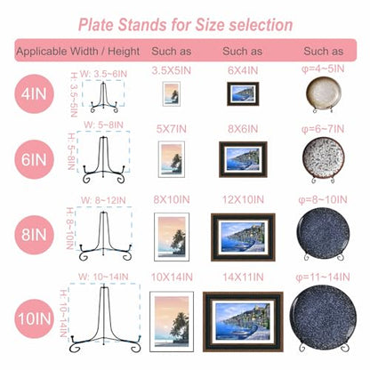 HENABLE 6PCS 3 Size Black Iron Plate Stands for Display - 4, 6, 8 Inch Decorative Metal Plate Holders - Mini Easel, Frame, Book, Card, Plaque, Bowl, Picture Display Stands - size: 6PCS 4 6 8IN
