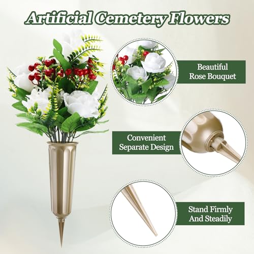 Tigeen 4 Sets Artificial Cemetery Flowers with Vase for Grave,Gold, White - color: Gold, White