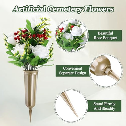 Tigeen 4 Sets Artificial Cemetery Flowers with Vase for Grave,Gold, White - color: Gold, White
