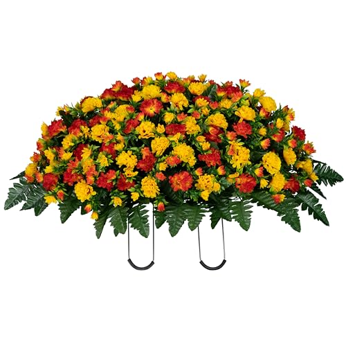 Artificial Cemetery Flowers - Gravesite Memorial Arrangment - Sunset Orange Garden Mums - (1) Headstone Saddle - color: Sunset Orange, size: (1) Saddle