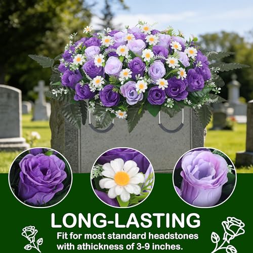 Wocst Headstone Flower Saddle,Large Artificial Cemetery Flowers for Grave Artificial Roses Daisy Saddle for Cemetery Headstone (Purple) - color: Purple