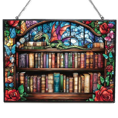 Rectangle Whimsical Dragon On Bookshelves Stained Glass Suncatcher Stained Glass Window Hangings Birthday Gift for Mom Grandma Teacher Women Friend Christmas - color: Whimsical Dragon on Bookshelves 2, size: 15x11 IN