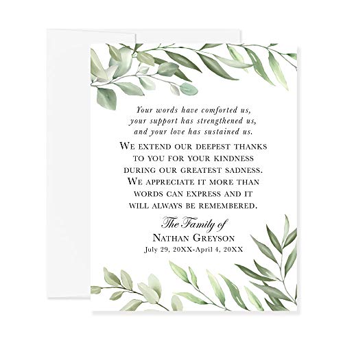 Greenery Funeral Thank You Cards, Sympathy Acknowledgement Cards | Bereavement Notes, With Envelopes, 4.25x5.5", Flat Notecards