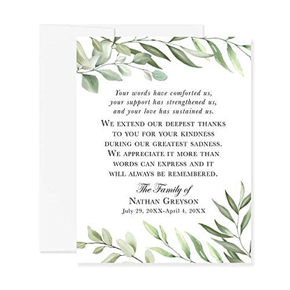 Greenery Funeral Thank You Cards, Sympathy Acknowledgement Cards | Bereavement Notes, With Envelopes, 4.25x5.5", Flat Notecards