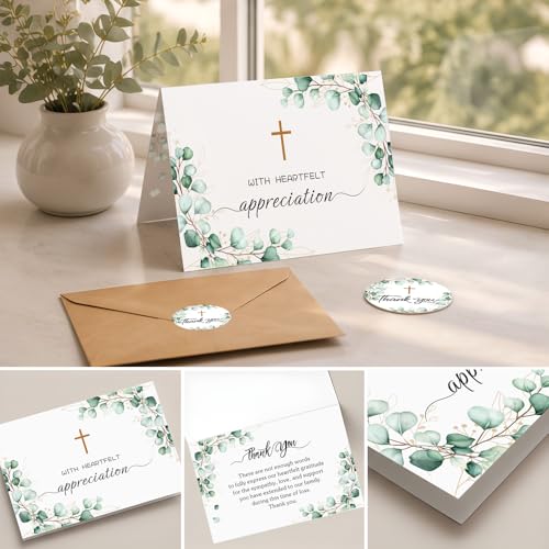 28 Pack Funeral Thank You Cards with Envelopes & Stickers, 6x8 Inches Foldable, Sympathy Bereavement Notes with Message Inside, Suitable for Memorial Services (Style 2)