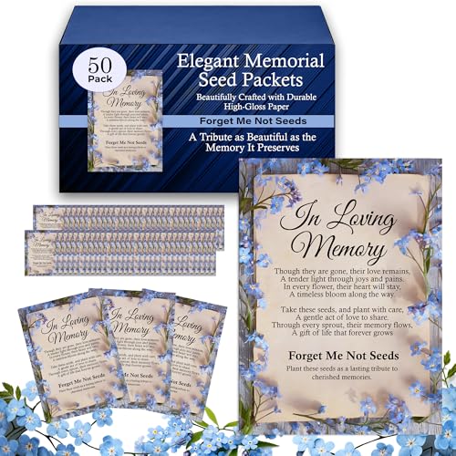 50pc Blue Premium Pre-Filled Forget Me Not Seeds Packets Favors for Funerals, Funeral Decorations, Celebration of Life Decorations, Celebration of Life Ideas, Memorial Cards (50)