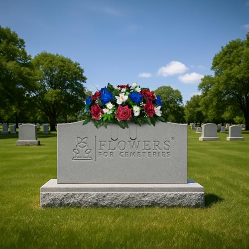Sympathy Silks - Artificial Flowers for Cemeteries - Red Open Roses, White Orchids, and Blue Dahlias - (1) Headstone Saddle