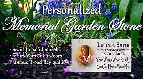 Memorial Stone With Picture - Loved One Loss Gift Custom Photo Marble Memory Plaque 12" x 6" (Your Wings Were Ready) - color: Your Wings Were Ready