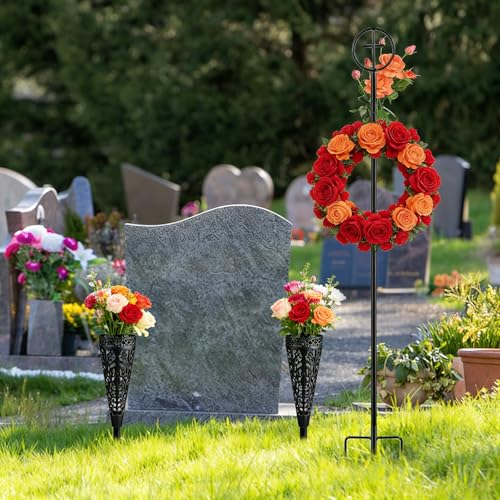 Cemetery Wreath Stand & Vase-38" Adjustable Metal Gravestone Wreath Holder - size: 1pcs Wreath Holders+2pcs Cemetery Vase