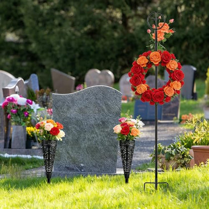 Cemetery Wreath Stand & Vase-38" Adjustable Metal Gravestone Wreath Holder - size: 1pcs Wreath Holders+2pcs Cemetery Vase
