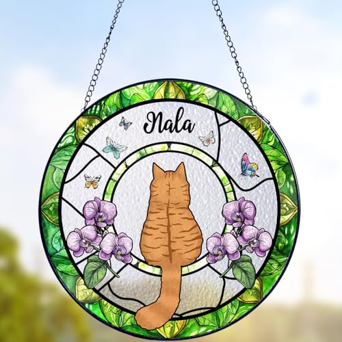 Personalized Cat Stained Glass Suncatcher, Custom Name Pet Photo Memorial Ornament, Window Hanging Sympathy Gift for Loss of Pet, Cat Bereavement Keepsake, Remembrance Gift for Pet Lovers - color: #11 Cat Memorial