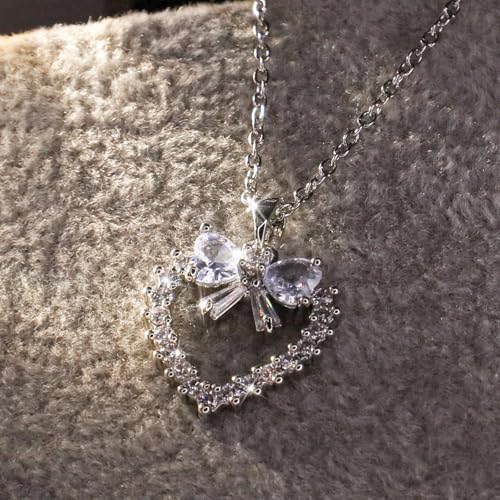 Bow Heart Pendent Pendant Necklace for Women White Crystal Necklace Dainty Silver Plated Necklace Bow Jewelry with Zirconia, Heart Choker Necklaces for Her Gifts - style: White heart