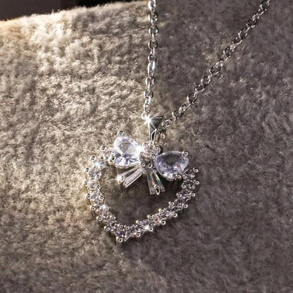 Bow Heart Pendent Pendant Necklace for Women White Crystal Necklace Dainty Silver Plated Necklace Bow Jewelry with Zirconia, Heart Choker Necklaces for Her Gifts - style: White heart