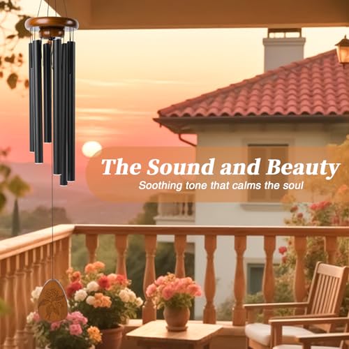 32 Inch Memorial Wind Chime (Gift Box Pack) - Elegant Black Metal Tubes with Engraved Wooden Plaque, Soothing Sound for Indoor & Outdoor Use, Perfect Sympathy Gift