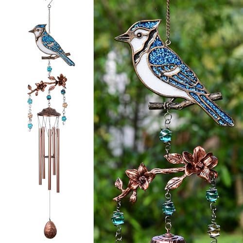 Wind Chimes - Wind Chimes for Outside Deep Tone 32 inches 5 Aluminum Tubes, Birthday, Memorial, Gifts for Mom, Grandma, Daughter, Decoration for Home, Garden, Patio, Backyard (32" Bluejay) - size: 32" Bluejay