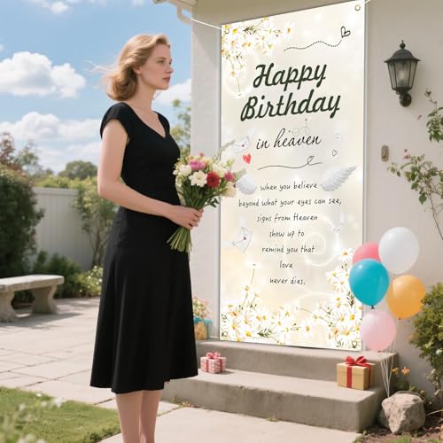 Happy Birthday in Heaven Door Banner Remembrance Memorial Decorations Funeral Memorial Door Banner Heavenly Birthday Remembrance Sign for Cemetery 70.8 * 35.4 inch White