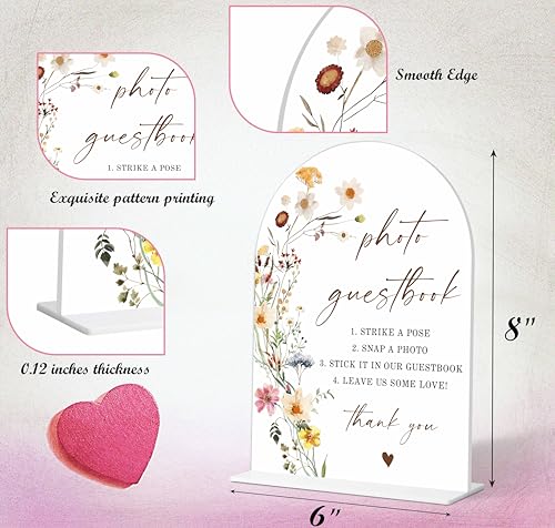 Photo Guest Book Sign, Wedding Guest Book Alternative, Flower Style Bridal Shower Signs for Engagement, Bridal Shower and Reception, Wedding Shower Favors, 6X8 Inch Acrylic Arch Sign with Stand,12 - color: Photo Guest,12