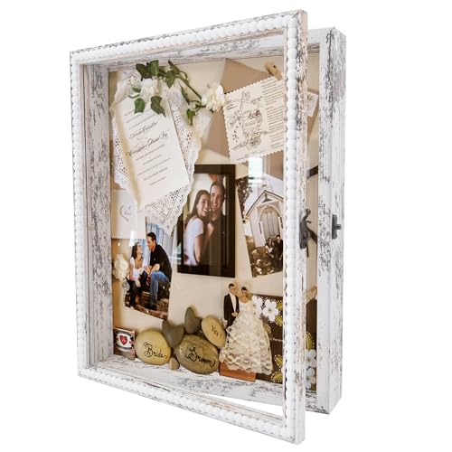 13x16 Wedding Shadow Box Display Case with Door - Deep Depth Picture Frame for Wedding Bouquet Memorabilia Medals Photos - Large White Shadow Box Frame with Unique Design Beads - color: White, size: 13*16