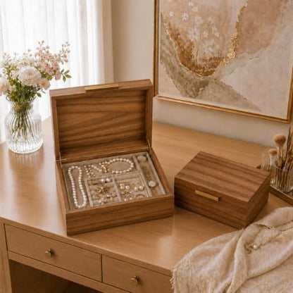 Acacia Wood Keepsake Box with Magnetic Lid, Set of 2 Large and Small Memory Storage Boxes for Jewelry, Photos, Crafts