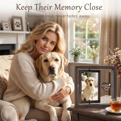 CHILDLION Pet Memorial Photo Frame, 4x6 Double Sided Rotating Pet Gifts, Unique Pet Loss Gifts for Loss of Dog, Wooden Memorial Ornament for Home Garden Decoration