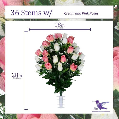 Artificial Cemetery Flowers - Gravesite Flowers - Cream Pink Roses - color: Cream and White Roses, size: (1) Bouquet