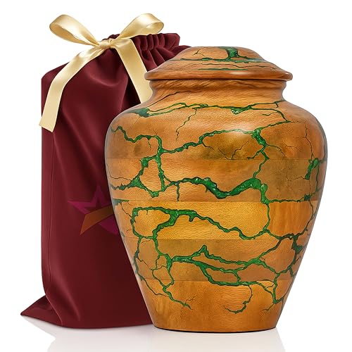 Wooden Cremation Urn for Adult Human Ashes – Handmade Mango Wood Funeral Urn with Green Epoxy Inlay – Large 225 Cu in Memorial Burial Urn Box with Velvet Bag (225 lbs) - size: Large (225 lbs)