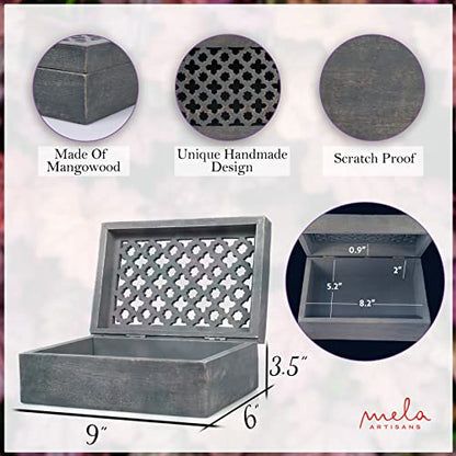 Mela Artisans Trellis Mango Wood Box - Distressed Dove, 9x6 in - color: Distressed Grey, size: Large