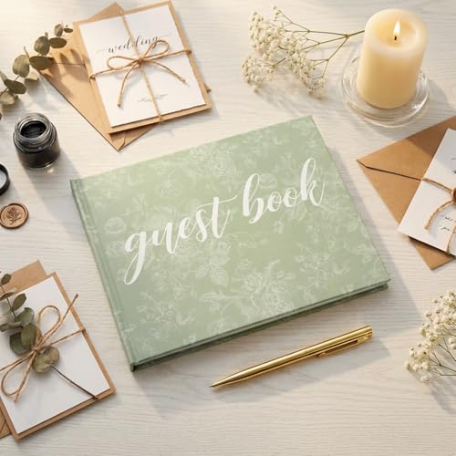 Engrowtic 7 x 9 Inches Floral Guest Book with Pen Hardcover Guestbook Registry Book for Wedding Bridal Shower Baby Shower Graduation Birthday Funeral Anniversary Reception, 50 Sheets 100 Pages (Green) - color: Green