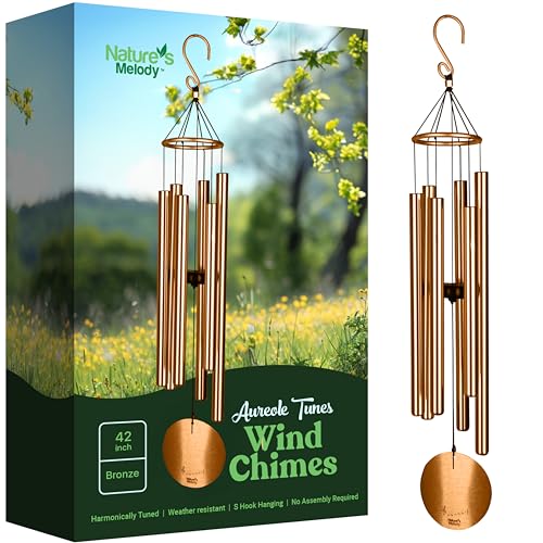 Nature’s Melody Aureole Tunes Wind Chimes – Outdoor Windchime with 6 Tubes, 100% Rustproof Aluminum, Powder Finish & S Hook Hanger for Sympathy, Memorial Gift or Zen Garden (Bronze, 42") - color: Bronze, size: 42"