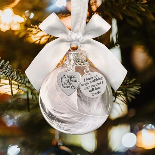 Clear Christmas Memorial Ornaments Feather Ball for Christmas Tree Decorations in Memory of Loved One Charm A Piece of My Heart is in Heaven Loving Memory Gifts for Loss of Uncle - color: Uncle