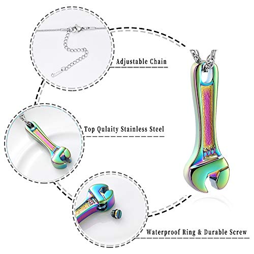 shajwo Wrench Urn Necklace for Ashes for Women Men Human Ashes Stainless Steel Hammer Cremation Jewelry for Ashes Pendant - color: Rainbow