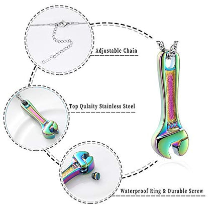 shajwo Wrench Urn Necklace for Ashes for Women Men Human Ashes Stainless Steel Hammer Cremation Jewelry for Ashes Pendant - color: Rainbow