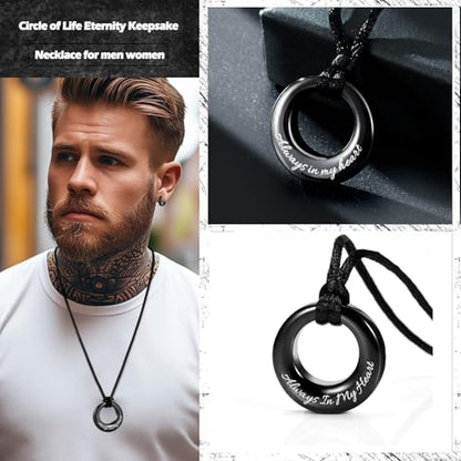 Hearbeingt Cremation Jewelry Urn Necklace for Ashes for Women Men, Circle of Life Eternity Memorial Pendant Ash Jewelry - color: Black-Always in My Heart