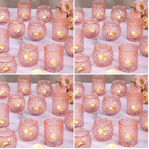 DARJEN Pink Votive Candle Holders Set of 24- Round Glass Candle Holders Bulk for Flameless LED Tea Waxes, Romantic Candle Holder for Wedding & Various Parties, Home Table Decor (Pack of 4) - color: Pink, size: 24 Pcs (Pack of 4)
