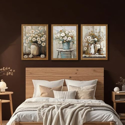 DUWQU Triptych Rustic Farmhouse Daisy Framed Canvas Wall Art 12x16 inch x3 - color: flower(Framed), size: 16"L x 12"W